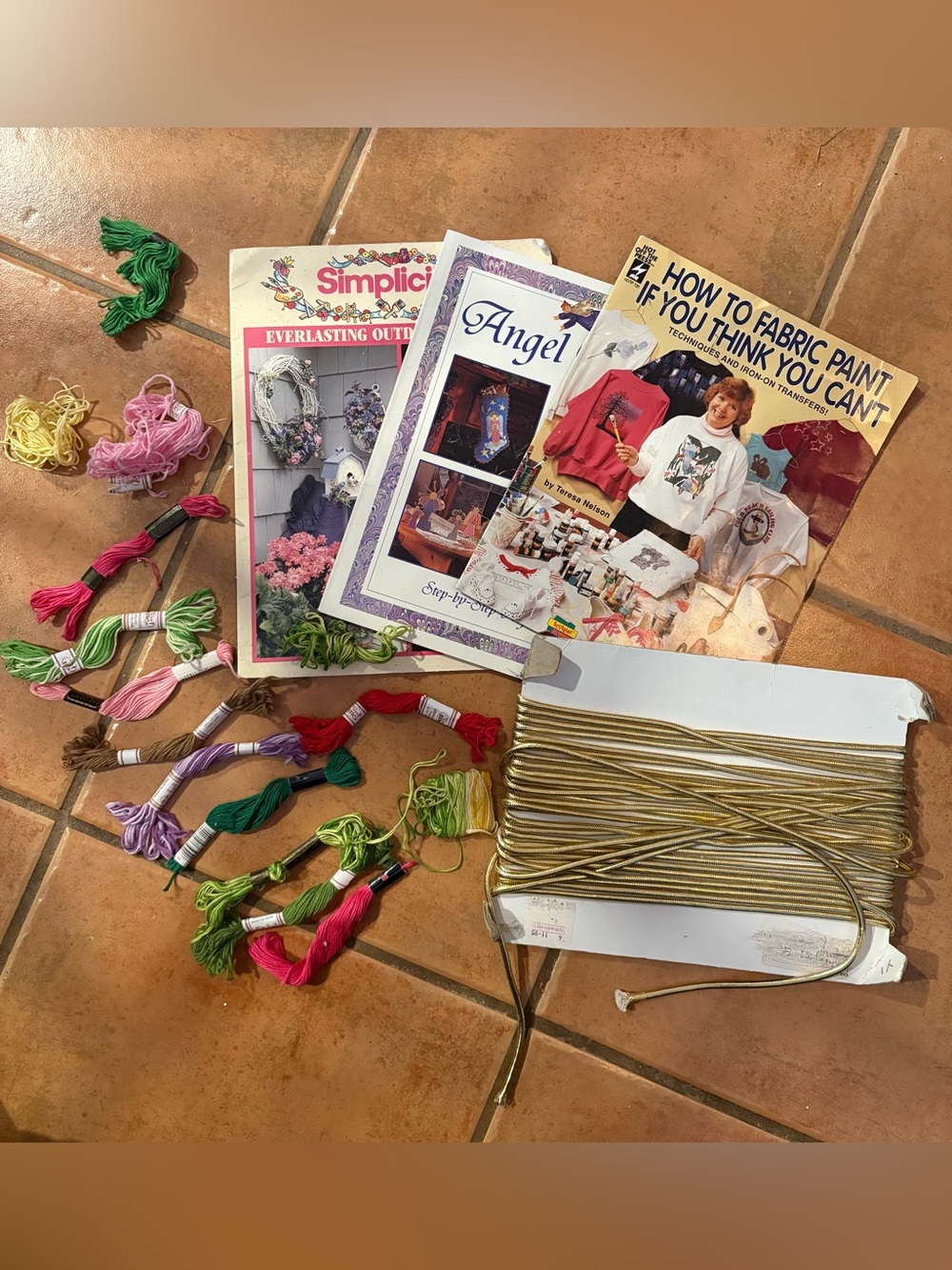 “Embroidery Bundle” Mixed Embroidery Floss - metallic Gold cord & 3 books